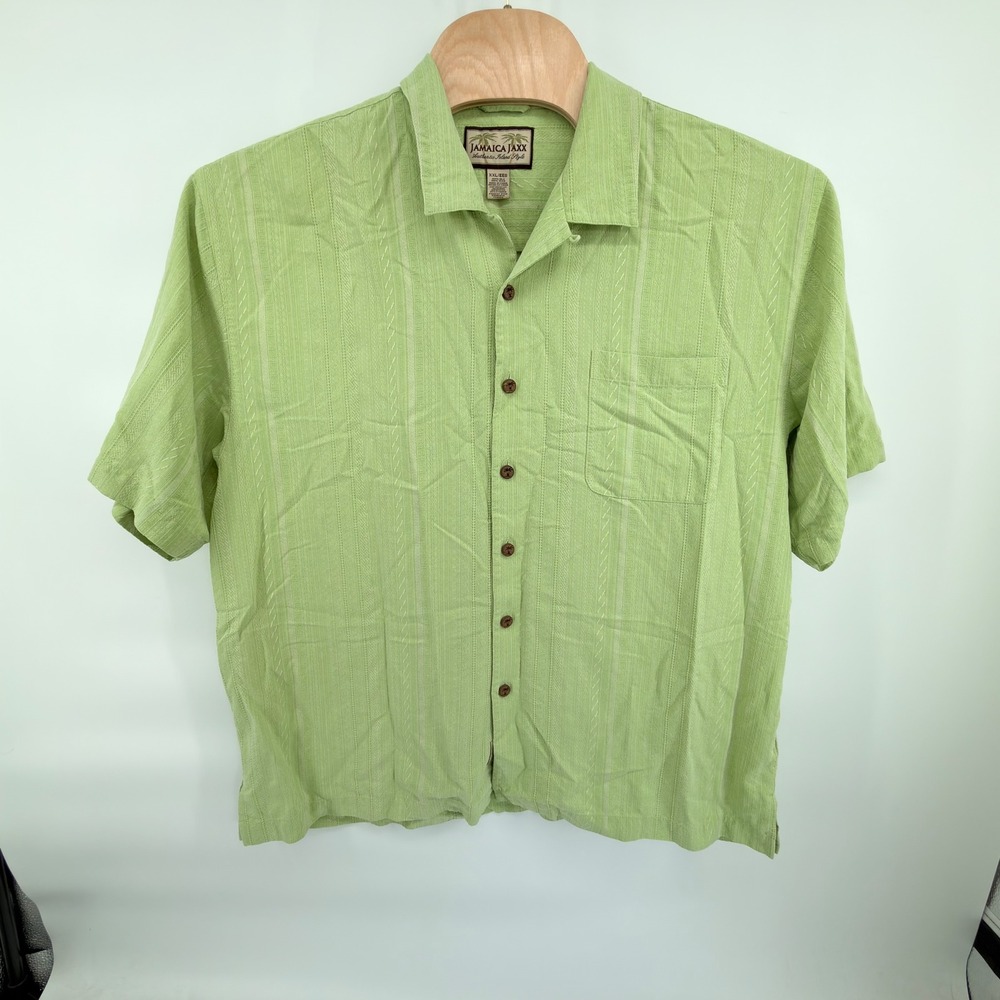 Jamaica Jaxx Camp Shirt Mens XXL Green 100% Silk Jacquard Short Sleeve Button Up